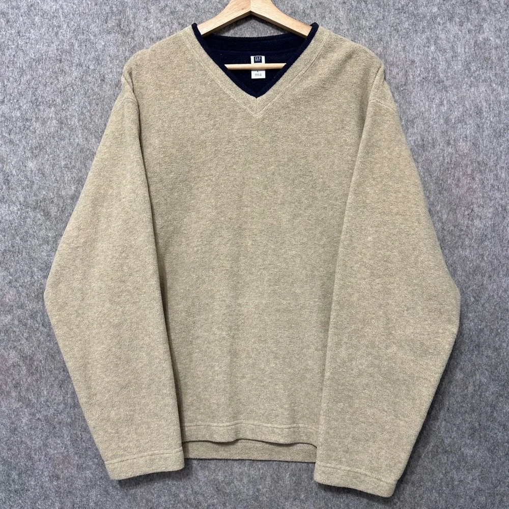 Vintage Gap Mens Large V-Neck Fleece Pullover Sweater Tan Beige‎ Comfort